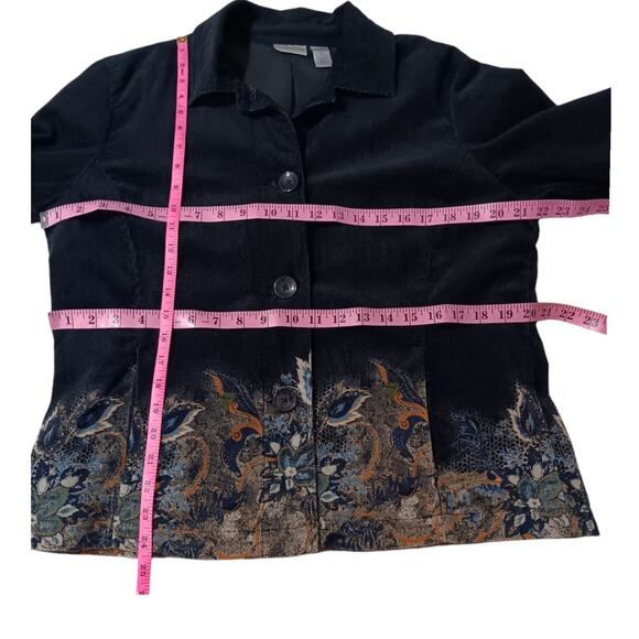 CHICO'S 2 Artsy Corduroy Jacket L Black Lined Pockets Painted Plants Leaves - Picture 8 of 10